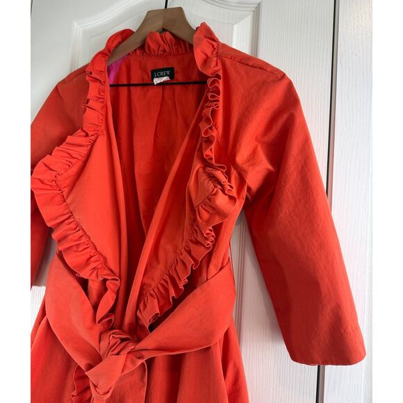 J Crew Ruffle Trench Coat Orange Belted 3/4 Sleeve Style 90815 Women's 0 - Picture 3 of 11